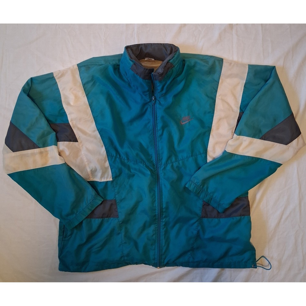 Vintage Nike Windbreaker Jacket 90s Teal Colorblock Full Zip Mesh Lined Large